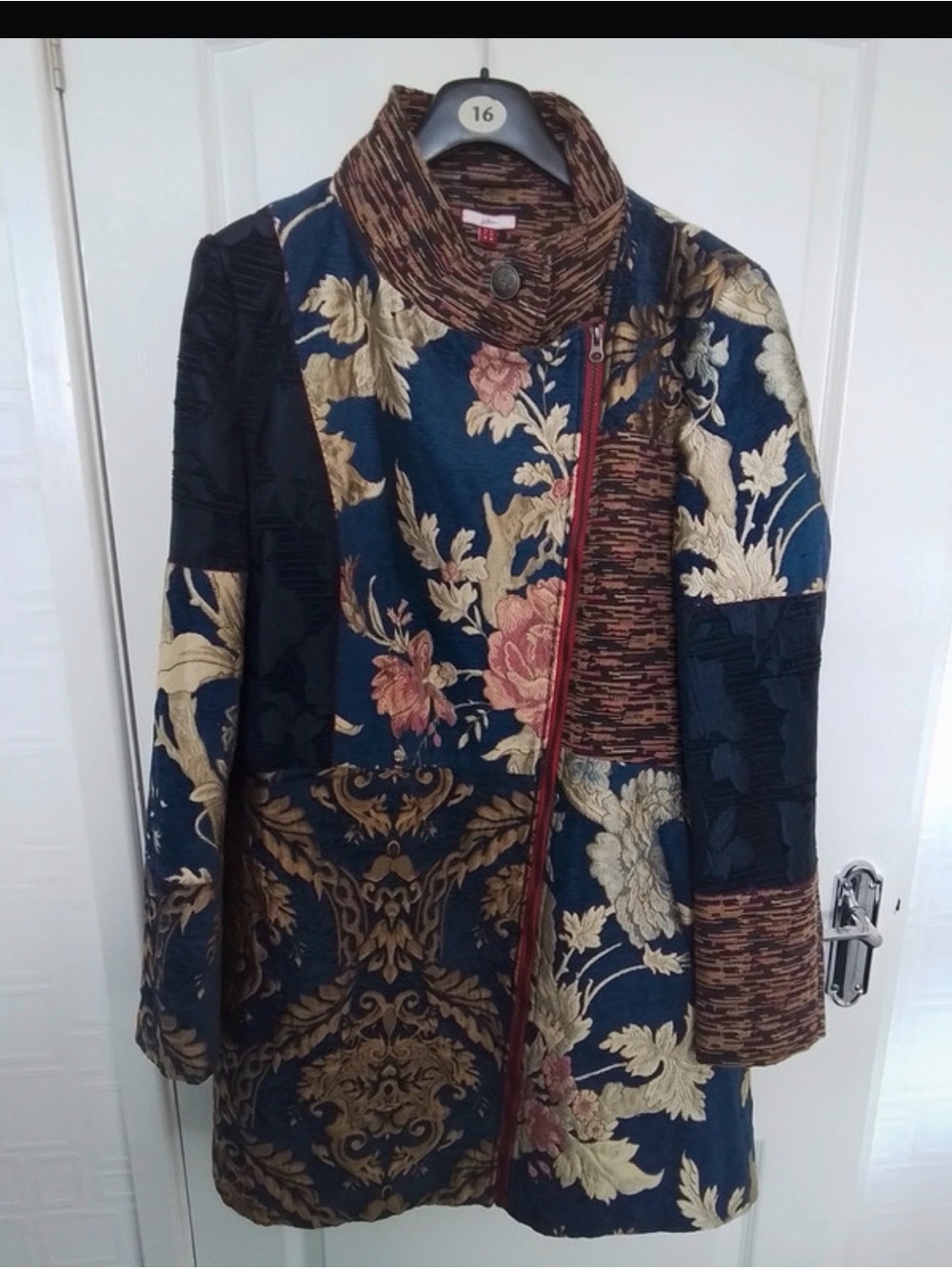 Joe Browns Navy Floral Mixed-Media Trench Coat with Gold Accents